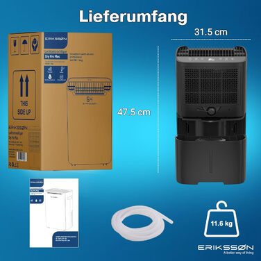 Зволожувач повітря Erikssøn з LED-дисплеєм, таймером та захистом для дітей | видаляє 20 л вологи на добу | для приміщень до 175 м³ | енергоефективний, з датчиком вологості, чорний