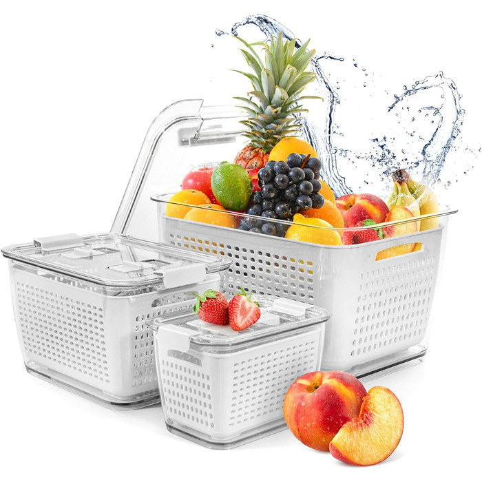 Freshness Food Storage Containers Set Refrigerator Organizer Reusable Storage Containers 3-Piece Set (0.5L+1.7L+4.5L) Plastic Refrigerator Organizer Set with Lid and Strainer (White, 3-Piece Set)