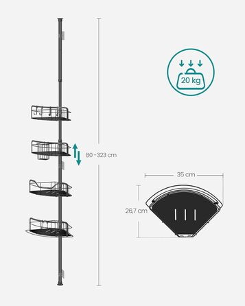 SONGMICS Поличка для душу та ванної кімнати, без свердління, 4 яруси, регульована висота, чорний BCB003B01