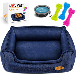 Lovpet® Dog Bed Dog Cushion Dog Basket Chiller, Incl. Bowl + 3X Chew Bones, Dog Sofa Cushion for Small, Medium & Large Dogs, Removable and Washable Cover, L 90 x 75 x 25 cm (L (90 x 75 x 25 cm), Navy Blue)