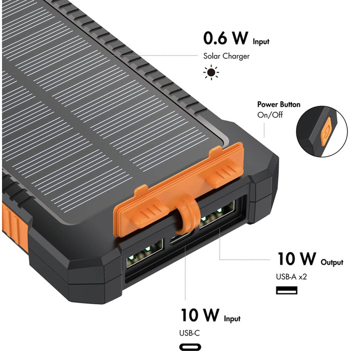 Портативний зарядний пристрій Solar Powerbank 8000 mAh з ліхтариком, чорно-помаранчевий, заряджає 2 пристрої (2x USB Type-A)