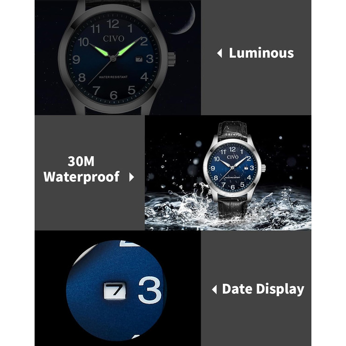 Годинник CIVO для чоловіків: аналоговий, великі цифри, водонепроникний, з датою, підходить для людей з поганим зором - ідеальний подарунок для чоловіків та людей похилого віку (чорний)