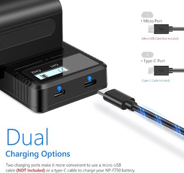 Зарядний пристрій NEEWER Dual USB з 2 шт. акумуляторами 6600mAh NP-F970, швидка зарядка для Sony NP-F970, F960, F950, F770, F750, F570, F550, Handycam, LED-ліхтарі, моторизовані слайдери NEEWER (NP-F750)