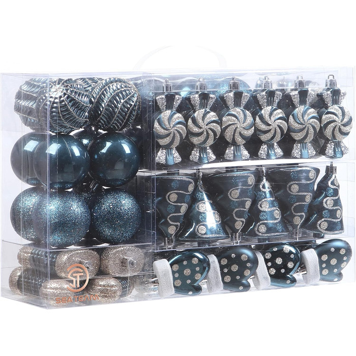 Набір прикрас для ялинки Sea Team 77 шт. – міцні кулі, прикраси, кулі-підвіски, подарункова упаковка (кам'яно-блакитний)