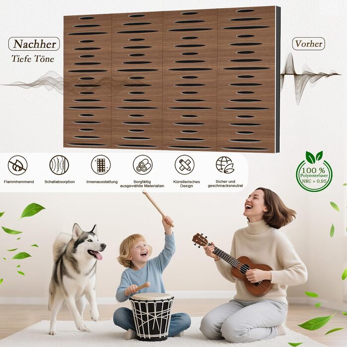 Акустичні панелі JBER для звукоізоляції стін, самоклеючі шумопоглинаючі плити з імітацією темного горіха (еліптичний візерунок), 60×30×4.5 см, 4 шт — для студії та дому