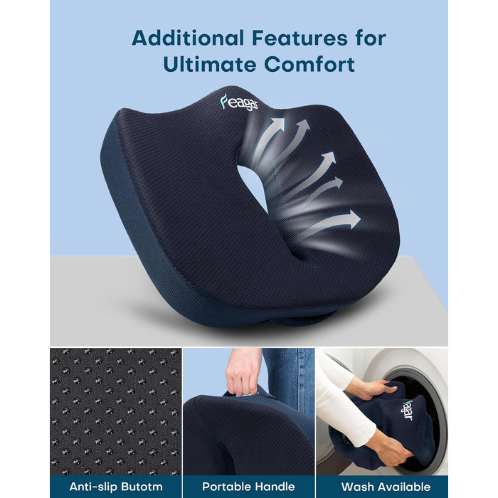 Ортопедична подушка для сидіння Feagar з Memory Foam: для офісного крісла, інвалідного візка, автокрісла. Подушка для хребта, стегна та сідниць. Чорний колір (Темно-синій, XL (90-150кг))