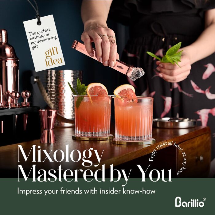 Набір бармена Barillio – Шейкер для коктейлів з нержавіючої сталі з бамбуковим підставкою. Комплект інструментів для міксології: шейкер, міксер, мадлер для приготування коктейлів. Аксесуари для домашнього бару (Золотий, Бамбук)