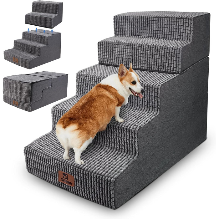 Sytopia dog stairs 40 cm high, 3 steps, dog stairs for bed, sofa for small dogs, pet stairs washable, foam stairs, for injured, older dogs (34cm height, Grey) (5 steps dog stairs (H:57CM), Flannel)