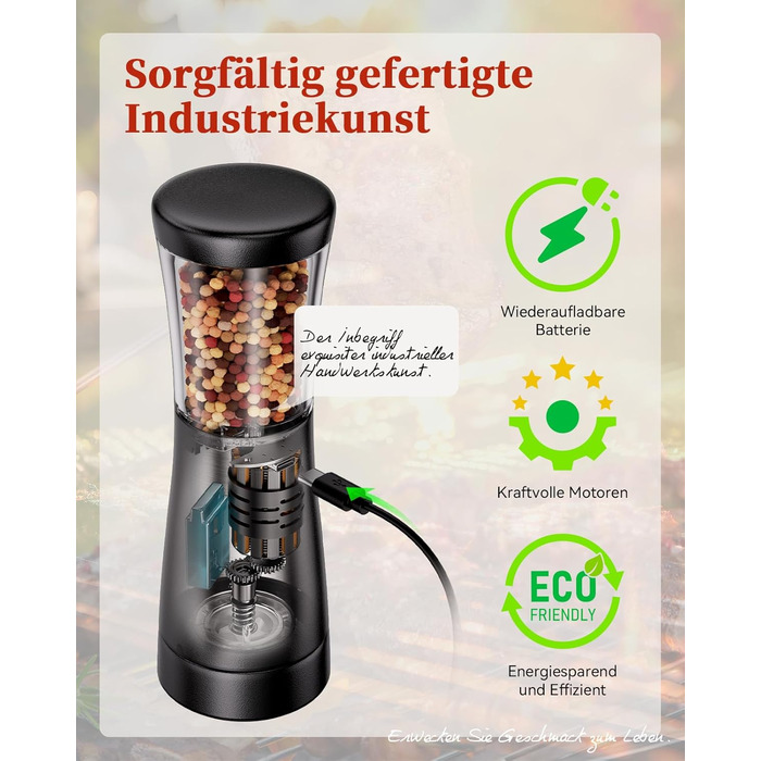 Електричні мельниці для солі та перцю 2 шт. з нержавіючої сталі, акумуляторні, з LED-підсвічуванням, регульоване керамічне подрібнення, щітка для чищення