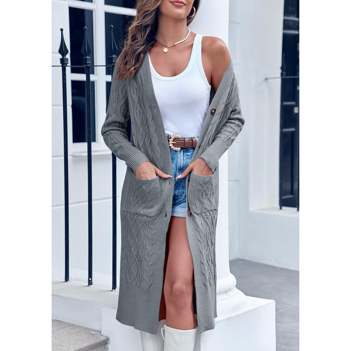 Кардиган жіночий Imily Bela з в'язаним джгутовим візерунком, відкритий спереду, з довгими рукавами, з кишенями (XXL, Сірий)