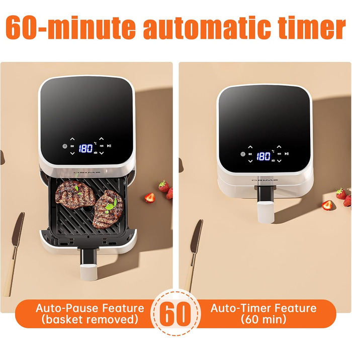 Фритюрниця Deime з гарячим повітрям 2.5 л, компактна цифрова Airfryer для випікання, розігріву та смаження, антипригарне покриття