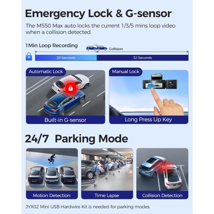 Відеореєстратор AZDOME M550 MAX 4K+ з двома камерами, WiFi, GPS, нічне бачення, паркувальний режим, 64GB SD, WDR, G-сенсор, 3.19”