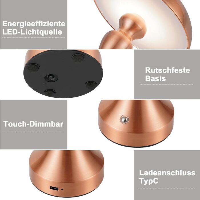 Бездротова настільна лампа з LED-підсвічуванням, сенсорне керування, регулювання яскравості, вінтажний стиль, USB-зарядка, нічник для спальні/вітальні (червоно-бронзова, 2 шт.)