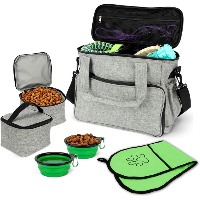 Сумка-переноска для собак BELLE VOUS, складаний миска для собак, сумка-переноска з багатьма кишенями, з контейнером для корму, сумка для аксесуарів для собак, рюкзак для собак, сумка для подорожей з собакою