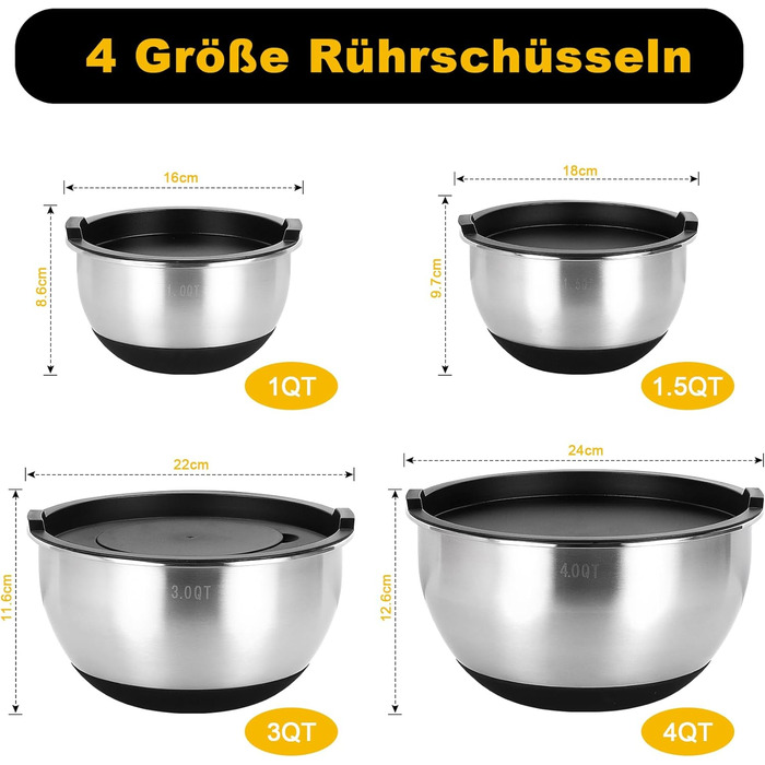 Набір мисок Bastwe з нержавіючої сталі, 4 шт. з кришками, тертки, для випічки та зберігання, складаються, 4.5L/3.5L/2L/1.1 L