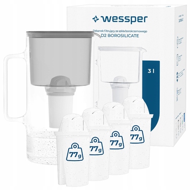 Скляний фільтрувальний глечик Wessper D2 BOROSILICATE 3л, сірий + 5 фільтрів