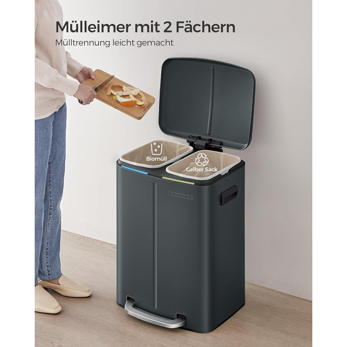 SONGMICS Відро для сміття 40 л з 2 відсіками, 2 x 20 л, з педаллю, з металу, з пластиковим внутрішнім відром, з кришкою, з ручками, Softclose, герметичне, біле LTB40WT (зелено-сіре)