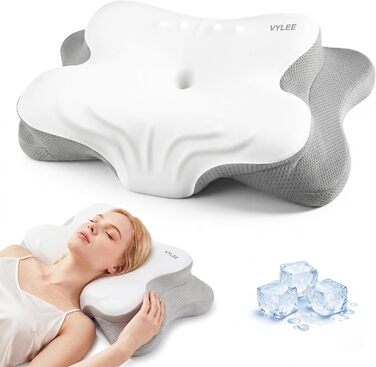 Подушка для шиї VYLEE з піни Memory Foam: ортопедична для сну на спині, боку та животі, від болю в шиї та плечах (Сіра)