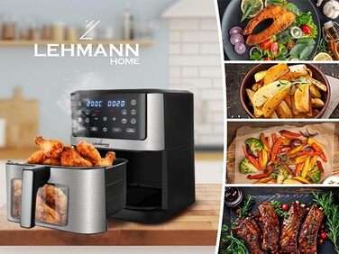 Горизонтальний фритюрник Lehmann 8л, 1800 Вт з оглядовим вікном, регулюванням температури до 200°C, 12 програм, таймером, антипригарним покриттям, для приготування на грилі, випікання та смаження з використанням технології Air Fry