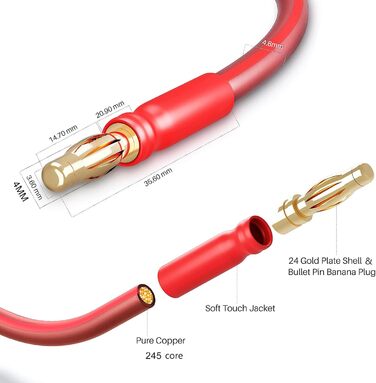 Акустичний кабель LONPOO LP42 з чистої міді та позолоченими бананоподібними роз'єктами, 14 AWG, 2 м, червоний (пара) для HiFi колонок