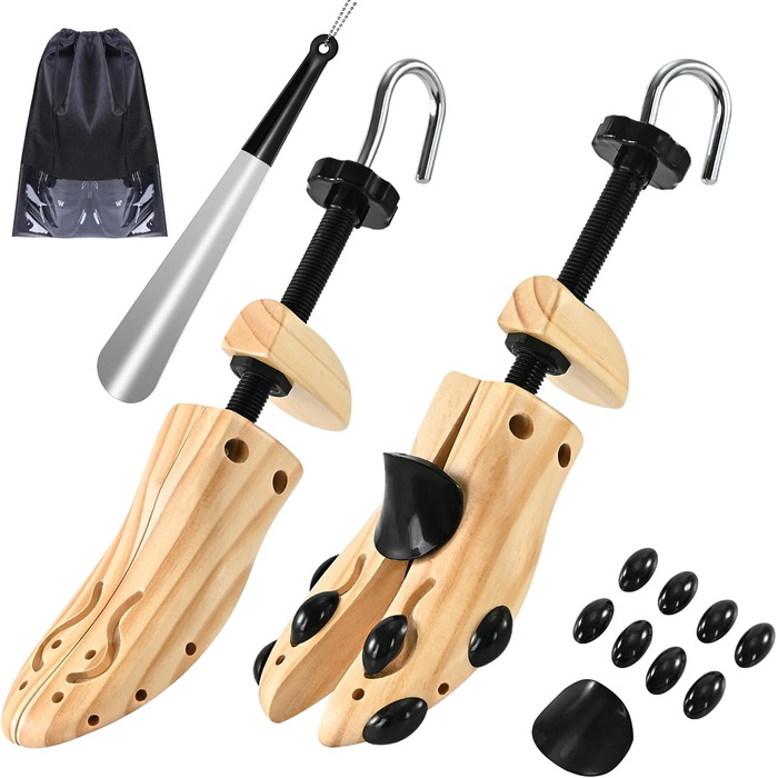 JJDPARTS Shoehorn Wood, Men's and Women's Shoehorn, 4-Way Shoe Stretcher, Shoe Widener for Adjustable Length and Width with Shoe Spoon