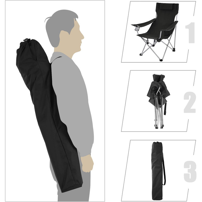 Кемпінговий стілець SONGMICS зі спинкою та підлокітниками, чорний, до 150 кг