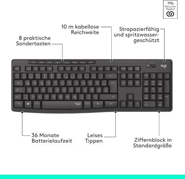 Logitech MK295 Комплект бездротової клавіатури та миші з технологією SilentTouch, QWERTZ, USB, чорний (5 шт.)