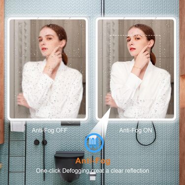 Дзеркало для ванної кімнати з підсвіткою 100x60 см, сенсорне керування, IP65, 3 кольори, функція пам'яті, HD скло, горизонтальне/вертикальне встановлення