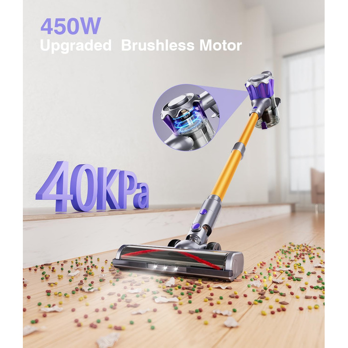 Акумуляторний бездротовий пилосос 40000Па/450Вт зі Smart-дисплеєм, автоматичним режимом та антизаплутувальною щіткою для килимів, твердих підлог та шерсті тварин, A44