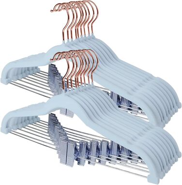 Stormix Trouser Hangers, 18-Pack Vevlt Skirt Hangers with Clips, Sturdy Clothes Hangers for Shorts, Trousers, Skirts, Dresses, Jackets, Coats, Blue (Hook in Rose Gold)