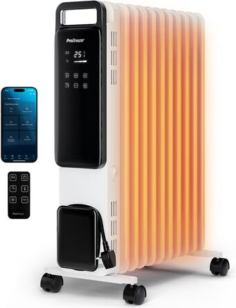 Електричний масляний радіатор Pro Breeze 2500W з 11 ламелями - розумне опалення, 3 режими, Wi-Fi, таймер, термостат, захист від перегріву, білий
