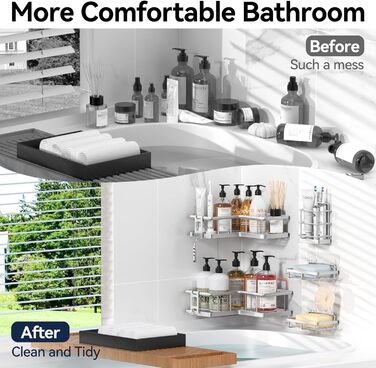 Органайзер для душу YASONIC (5 шт.), самоклеючий, нержавіюча сталь, полиці для ванної кімнати з мильничкою та 4 гачками, велика місткість, сріблястого кольору