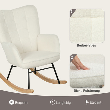 HOMCOM Rocking Chair, Rocking Armchair with Berber Fleece Look, Armrests, Padded Armchair with Wooden Runners, Reclining Chair for Living Room, Bedroom, Holds up to 120kg, White | Aosom