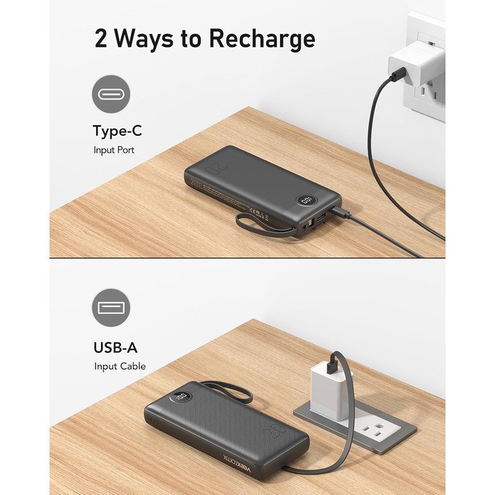 Power Bank 10000mAh з LED дисплеєм та інтегрованими кабелями. Сумісний з iPhone, iPad, Samsung, Xiaomi, Google Pixel. Чорний