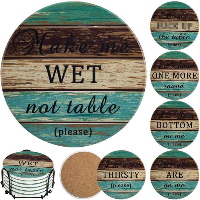 Drink coasters, absorbent, Esur fun ceramic coaster set of 6 with metal holder, rustic cork bottom table protector, farmhouse style bar, home decor, housewarming gift