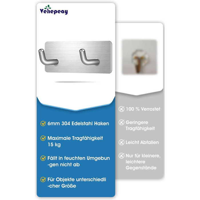 Набір гачків для рушників без свердління, 10 шт., самоклеючі гачки з нержавіючої сталі 304, надміцні клейкі гачки для великих предметів, гачки для стін без свердління для ванної, туалету та кухні, стійкі до корозії, гачки для рушників (подвійні *6)