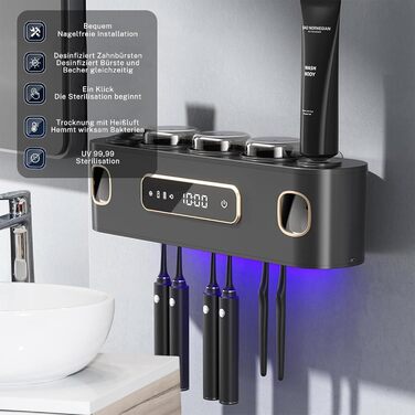 Bathroom Organizer Toothbrush Holder Electric Toothpaste Dispenser for Kids and Adults Tube Squeezer for All Tubes, 2 Toothpaste Dispensers with 6 Toothbrush Slots and 3 Cups (Gray)
