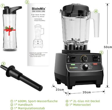 BioloMix High-Performance Blender 2200W, Self-Cleaning Function, Stand Mixer with 2L Container and 600ml Travel Cup BPA Free. Smoothie Mixer