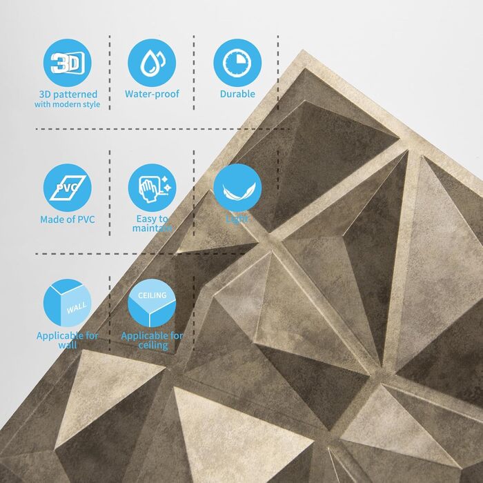 3D панелі для стін Art3d «Діамант», жорсткий ПВХ, водостійкі та термостійкі, 33 шт.