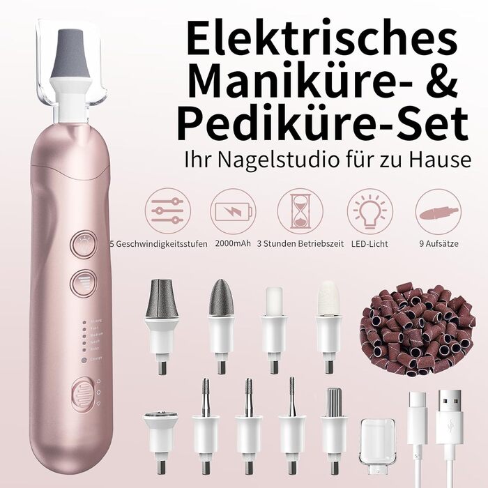 Електричний набір для манікюру та педикюру AOMEES з 9 насадками, LED-підсвічуванням та сумкою (Champagnergold)