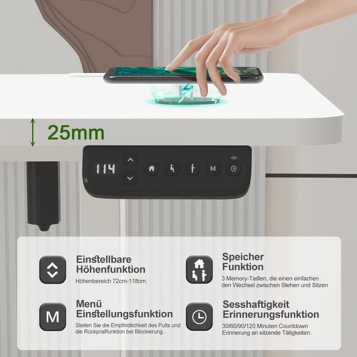 Devoko Adjustable Standing Desk with Wireless Charger, Memory Settings, USB Ports & Wheels - 160x80cm