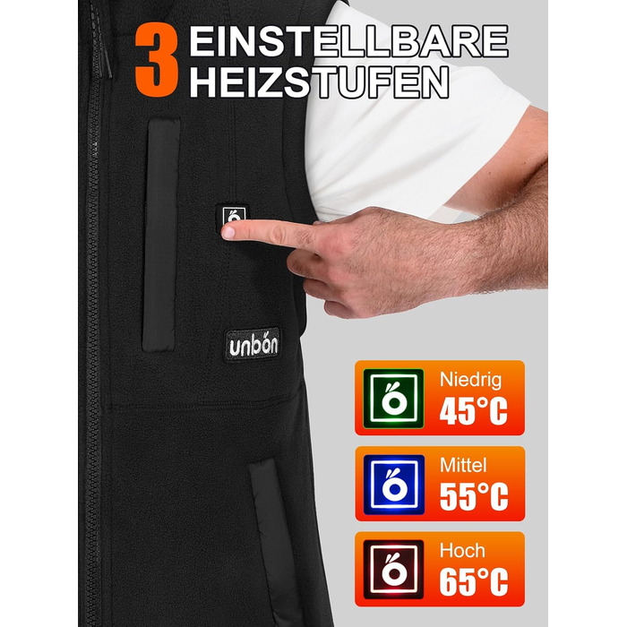 UNBON Грівальна жилетка для чоловіків, флісова жилетка з підігрівом, Powerbank 10000mAh, USB, 3 режими нагріву, 6 зон нагріву, чорний