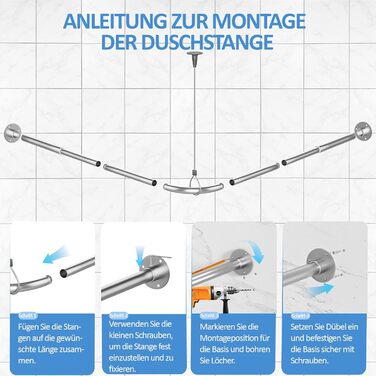 Регульована штанга для душу L-подібної форми, 60-134 см, з кріпленням для штори та підставкою для стелі, для ванни/ванної кімнати, срібна