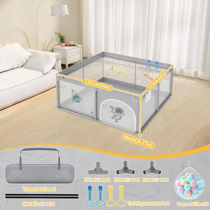 UISEBRT Baby Playpen 127x127cm Playard for Baby with 50 Ocean Balls & 4 Pull Rings & Carry Bag, Foldable Playpen Tent with Breathable Mesh for Kids, Blue with Animal Motifs 127x127x68cm Blue with Animal Motifs