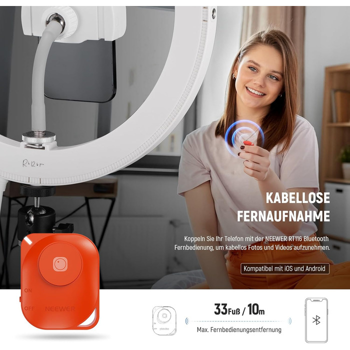 NEEWER Комплект кільцевого світла для фото та відео: 48 см, 52 Вт, регульоване LED кільцеве світло з штативом та Bluetooth для смартфона, YouTube, селфі (RH12B Pro)