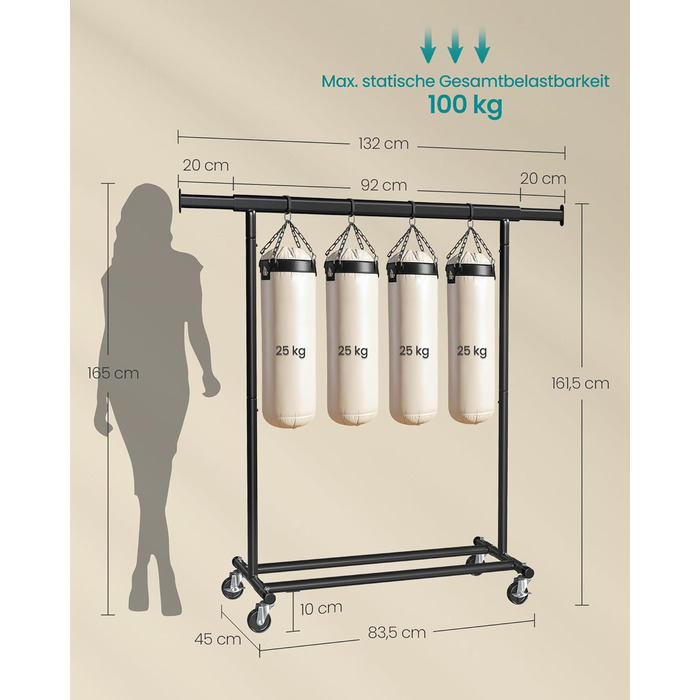 SONGMICS Clothes Rack with Wheels, Heavy-Duty Garment Rack, Extendable Clothes Rod, Load Capacity up to 100 kg, Easy Assembly, Portable, Black HSR13BKV1