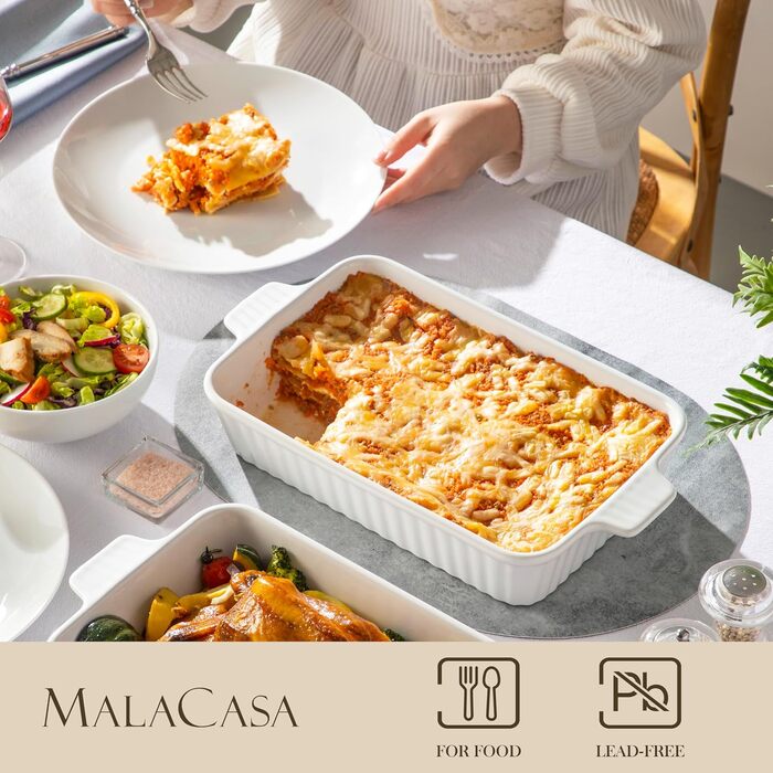 Керамічна форма для запікання MALACASA Bake.Bake 3 л, 37.5 см, прямокутна, біла, для лазаньї, тірамісу, запіканок, на 4-6 осіб
