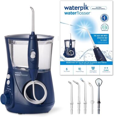 Waterpik Ultra Professional: Іригатор для порожнини рота, тестування 2024, технологія Precision Pulse, сертифікат TÜV, видалення нальоту до 99,9%, 7 насадок, 10 режимів, таймер, блакитний