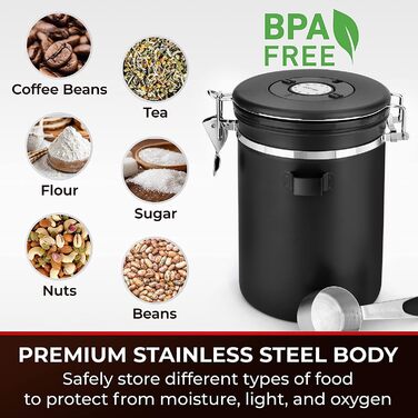 Контейнер для кави Royouzi з нержавіючої сталі, вакуумний, 1.8 л, з ложкою та індикатором свіжості, для кави, чаю, горіхів, какао. Зберігає свіжість надовго.