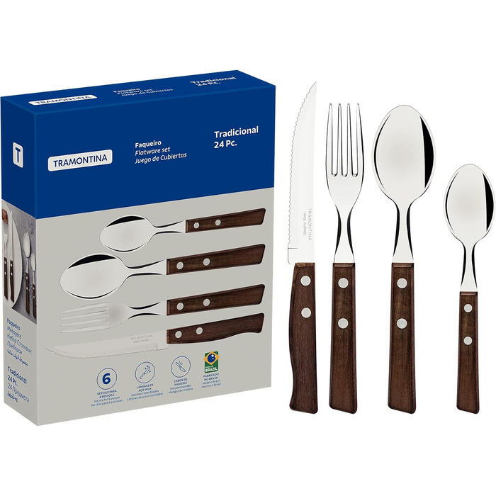 Tramontina TRADICIONAL Cutlery Set for 6 Persons, 24-Piece, Steak Cutlery, Serrated Steak Knives, Dinner Forks, Dinner Spoons, Coffee Spoons, Natural Wood Handles